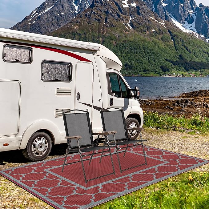 GENIMO 8' x 10' Outdoor Rug Waterproof for Patio Decor, Foldable Reversible Plastic Straw Area Rugs Mat for Camper, Outside Carpet for Rv, Deck, Porch, Picnic, Beach, Balcony, Red & Grey