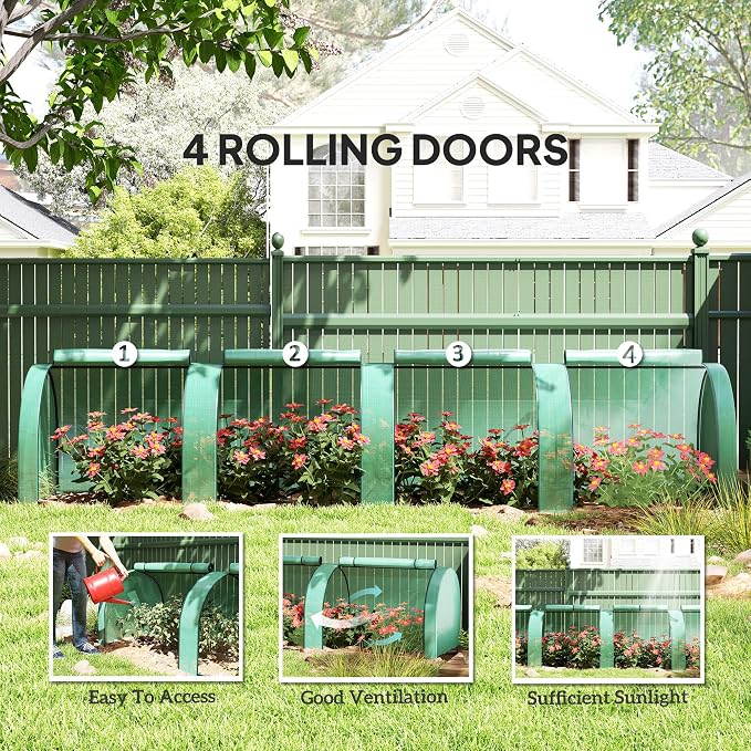 Outsunny 13' x 3' x 2.5' Mini Greenhouse, Portable Tunnel Green House with Roll-Up Zippered Doors, UV Waterproof PE Cover, Steel Frame, Green
