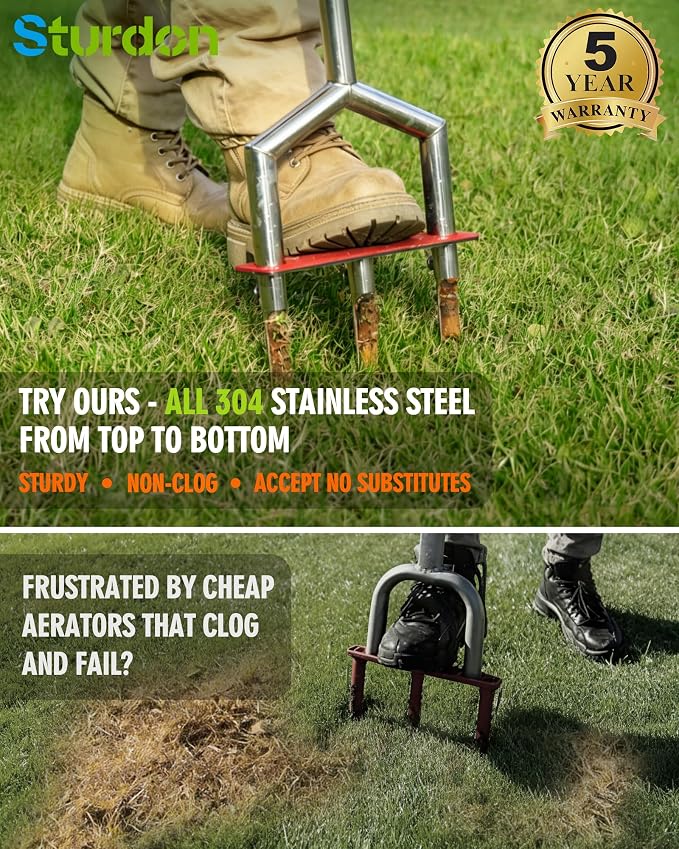 Manual Lawn Aerator - 42 Inch, 304 Stainless Steel Aerator Lawn Tool, Easy to Install, Rust Resistant, Core Aerator for Yard&Grass Compacted Soil, 3 Detachable Hollow Tines, Non Slip Foot Pad