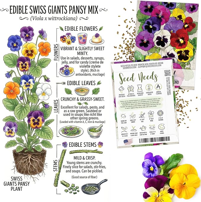 Seed Needs Edible Wildflower Seed Packet Collection (7 Varieties of Flower Seed for Planting) Non-GMO Heirloom & Untreated - Includes Viola, Pansies, Chives, Borage, Calendula, Nasturtium & Bee Balm