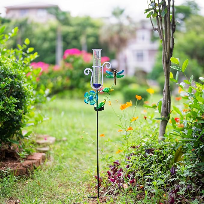 Dragonfly Rain Gauge Outdoor, Solar Rain Gauge with Led Neon Lights, Freeze Proof Rain Gauges for Patio, Garden Yard, Measuring Precipitation