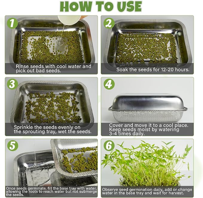 2 Pack Stainless Steel Seed Sprouter Trays, 2-Tier Soil-Free Microgreens Growing Kit, Rust-Free Sprouting Tray with Mesh Pads for Sprouts Beans Alfalfa Wheatgrass (10.6" x 7.9" x 1.9")