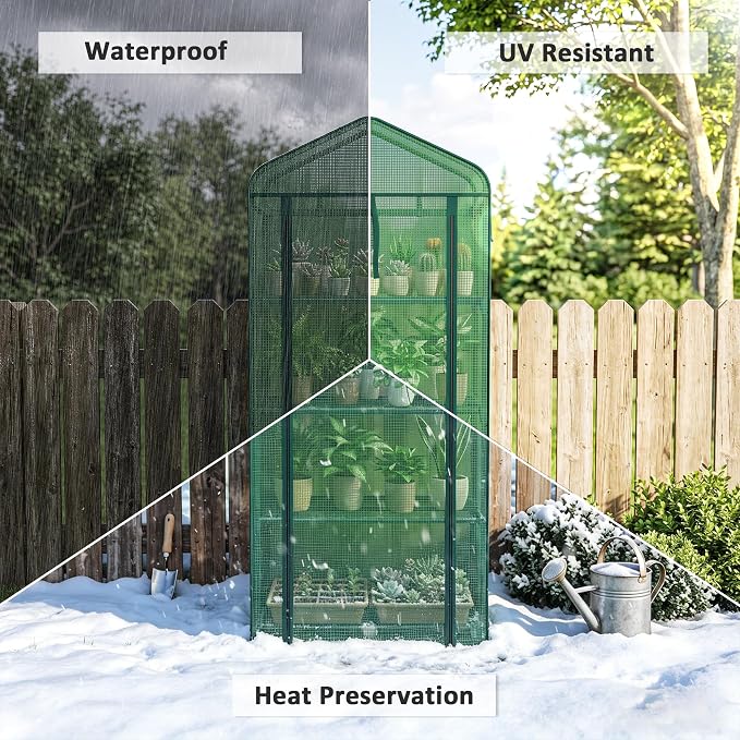 Outsunny 4 Tier Mini Greenhouse with Screen Roof, 27.6" x 19.7" x 62.2", Portable Small Greenhouse with High Strength PE Cover, Roll-Up Zipper Door for Garden Yard Backyard, Green