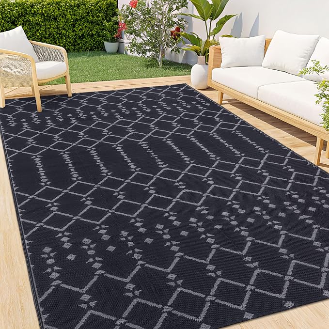 Smiry Outdoor Rug 5x8 ft, Waterproof Reversible Plastic Straw Rugs, Boho Outdoor Area Rug, Outside Floor Mat for Patio, Backyard, Deck, Picnic, Beach, Camping, Dark Grey