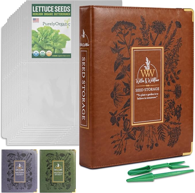 Create-ables Willow and Wildflower Garden Seed Organizer Binder, Seed Storage Organizer, Garden Binder Book for Packet Storage Catalog Can Store 120 Packets with Dibber and Widger (Classic Brown)