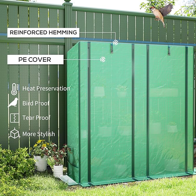 Outsunny Lean-to Greenhouse with 3 Tier Shelves, 56.7" x 18.9" x 59.8" Portable Small Greenhouse with PE Cover, 2 Roll-Up Zippered Doors, for Indoor Outdoor Garden Backyard Balcony, Green