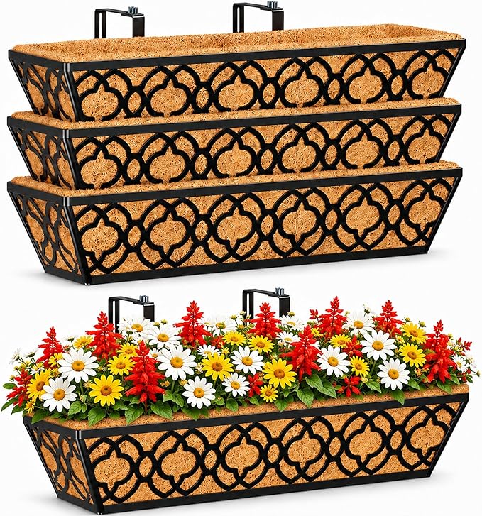 HFHOME 24 Inch Deck Railing Planter Box with Horse Trough Coco Liner, 24" Window Boxes with Coconut Coir Liner, Black Metal Hanging Flower Planter Basket for Outdoor Indoor Lawn - 4 Pack