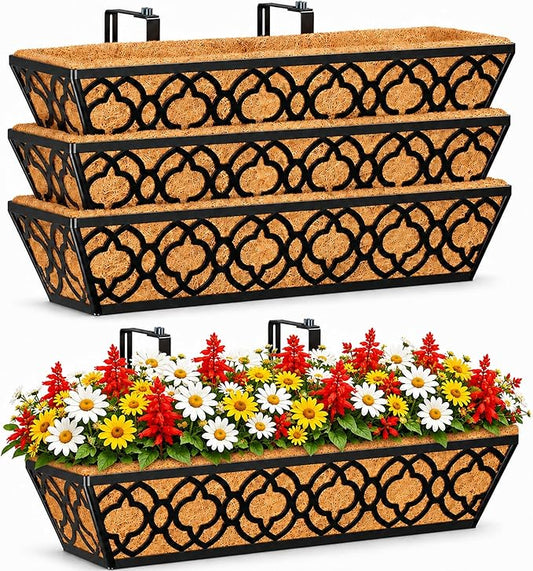 HFHOME 24 Inch Deck Railing Planter Box with Horse Trough Coco Liner, 24" Window Boxes with Coconut Coir Liner, Black Metal Hanging Flower Planter Basket for Outdoor Indoor Lawn - 4 Pack