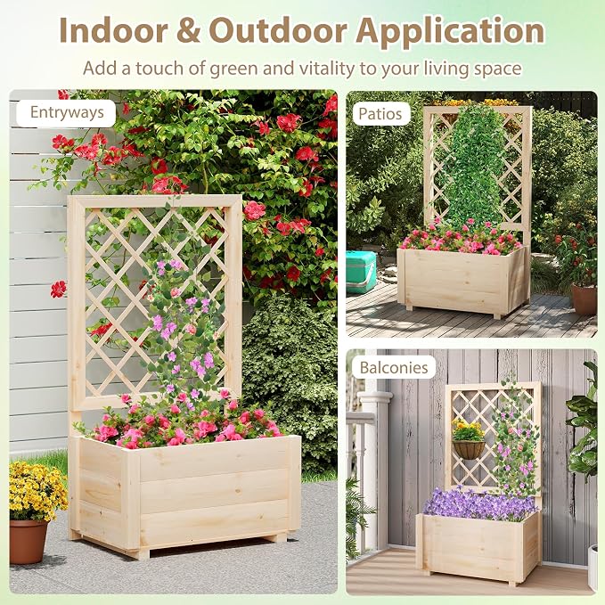 Giantex Set of 2 Raised Garden Bed with Trellis, Drainage Hole, Wood Elevated Planter Box for Climbing Vine Flower Herb Vegetable Fruit, for Indoor Outdoor Patio Balcony (23”x14”x40”)