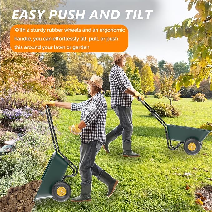 VINGLI 2 Wheel Wheelbarrow, Plastic and Steel Wheel Barrel, 330lbs Capacity Garden Cart for Lawn, Gardening, Construction