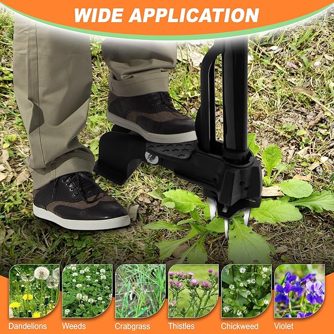 Weed Puller Tool,4-Claw Heavy Duty Gardening Stand-Up Weeder Puller,Ergonomic Long Handle,3 High-Strength Stainless Steel Claws for Lawn Garden,Crabgrass,Dandelion,Thistle (Include gloves)