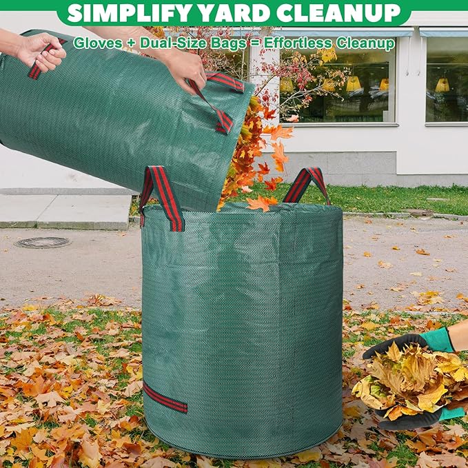 72 & 32 Gallon Reusable Yard Waste & Lawn and Leaf Bags with Handles - Tear Resistant Garden Trash Bags for Seasonal Cleanup, Patio, Lawn & Leaf Collection, Grass Clippings, Collapsible with Gloves