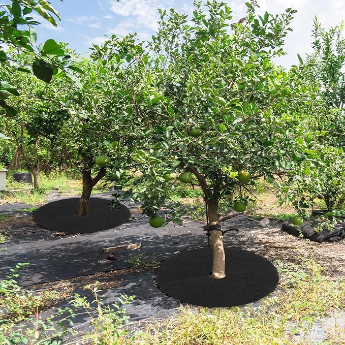 M METERXITY 2-Pack Non-Woven Tree Mulch Ring, 16.5 Inch Reusable Tree Protector Mat W 12 Garden Stakes for Landscape Control Plant Root Protection Tree Ring Weed Fabric Cover [Black]