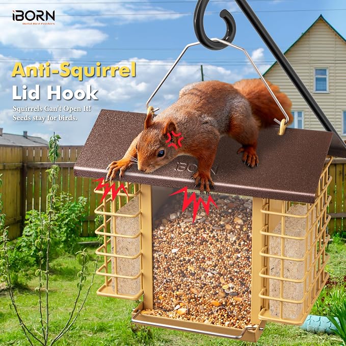 iBorn Bird Feeders for Outdoors,Bird Feeder with Double Suet Holders,Suet Feeder for Outside,Weatherproof Metal Roof,Easy to Refill&Clean,3.2 LBs Seed Capacity+2X Cake,1 Pack,Coffee Roof & Yellow Grid