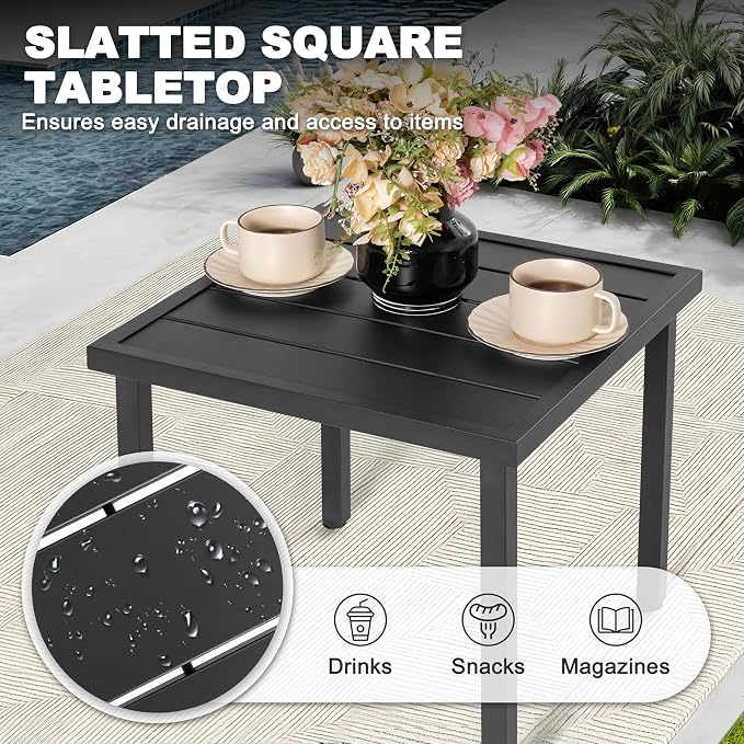 NUU GARDEN Square Outdoor Side Table with Slatted Top and Adjustable Feet, Powder-Coated Metal Patio Table, All-Weather Patio Coffee Table for Backyard Pool Porch Garden Lawn, Black