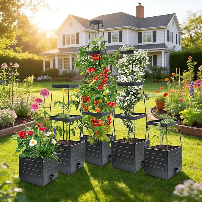 MQUPIN Self Watering Tomato Planter with Trellis, 57" Raised Garden Bed for Climbing Vegetables Vine Flowers, Tomato Cage Plant Support for Indoor Outdoor Patio Greenhouse (1 Pack)