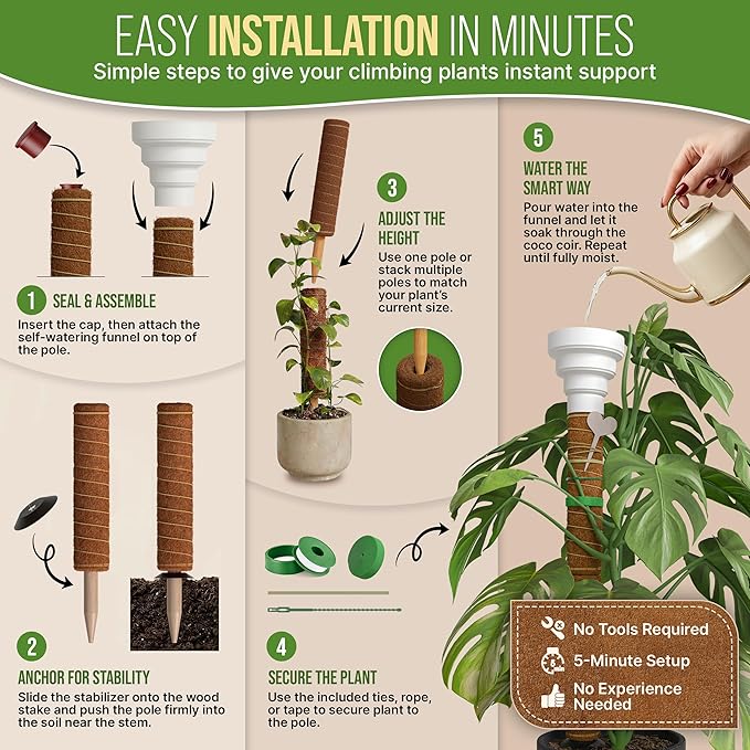 Organo Republic Moss Pole Monstera Plant Support Stakes - 26.4" Unique Self-Watering, Extendable Coco Coir Pole for Climbing Plant Supports for Potted Plants Indoor for Monstera, Pothos & More