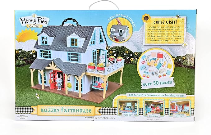 Sunny Days Entertainment Honey Bee Acres Buzzby Farmhouse – 49 Furniture Accessories with 2 Exclusive Figures | 15 Inch Dollhouse Playset | Pretend Play Toys for Kids