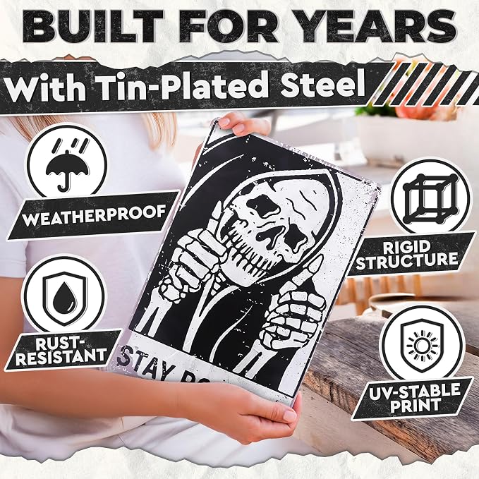 Stay Positive Skull Tin Sign – Retro Funny Wall Art 8×12 Inch | Vintage Metal Skull Decor for Man Cave, Bar, Bedroom, Garage or Office, Goth Home Decor – Indoor and Outdoor Use, Unique Gift Idea