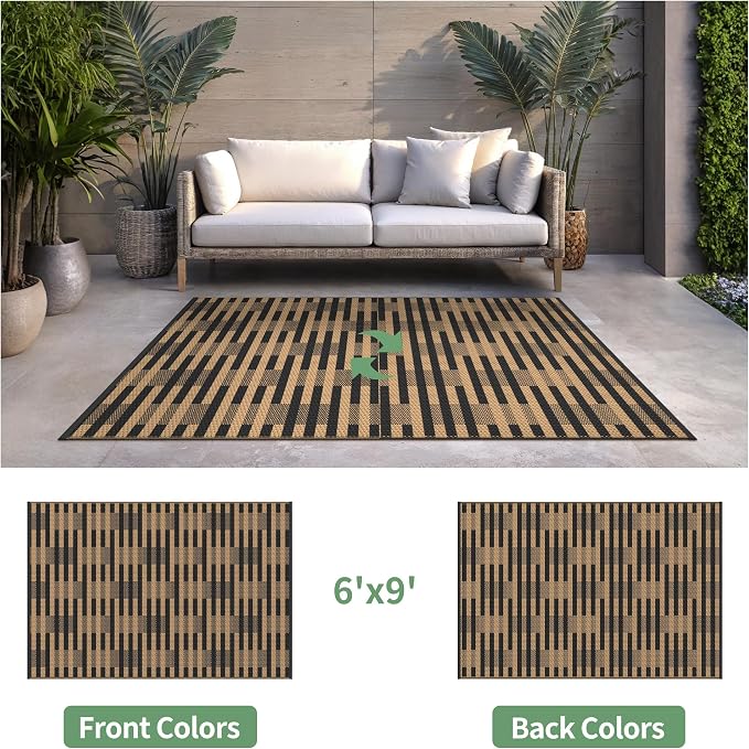 GENIMO Outdoor Rug for Patio Clearance, 6'x9' Reversible Plastic Straw Rugs, Lightweight Waterproof Geometric RV Camping Mat for Camper, Balcony, Deck, Backyard, Picnic, Black Brown