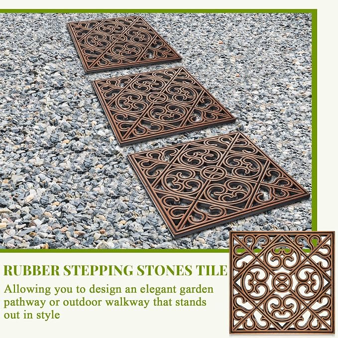Pangda 8 Pcs Rubber Stepping Stones Outdoor Garden Walkway, 12 x 12 Inch Heavy Duty Pathway Pavers Retro Decorative Stepping Stones for Outside Landscaping Yard Lawn Path(Copper,Cross Square)