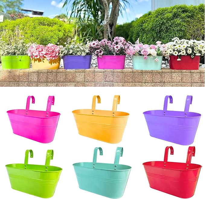 LaLaGreen Rail Planter (11.8 Inch, 6 Pack) Colorful Hanging Flower Railing Fence Balcony Gardening for Apartment Patio Planters Modern Garden Style Metal Iron Outdoor Deck Decoration Porch Decor Pots