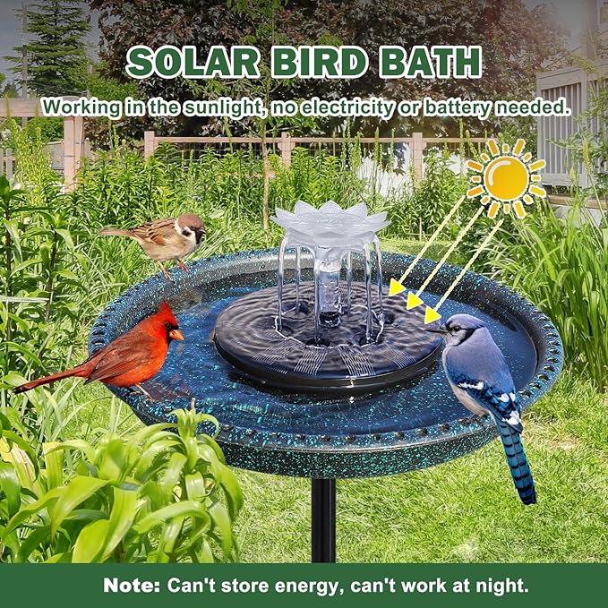Bird Bath with Solar Fountain, Durable 5-Prong Base Solar Bird Bath with Stable Metal Stake, Detachable Solar Powered Bird Baths for Garden Outdoor Yard Lawn, Spotted Green
