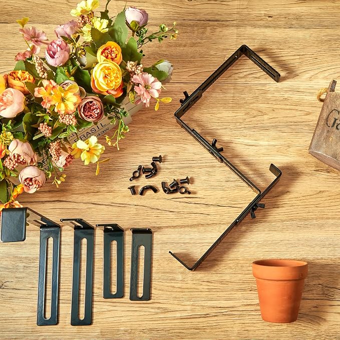 Leinuosen 8 Pcs Adjustable Window Boxes Brackets Planter Box Bracket Heavy Duty Deck Railing Hanging Flower Stand for Windowsill Garden Fence Balcony (Black)