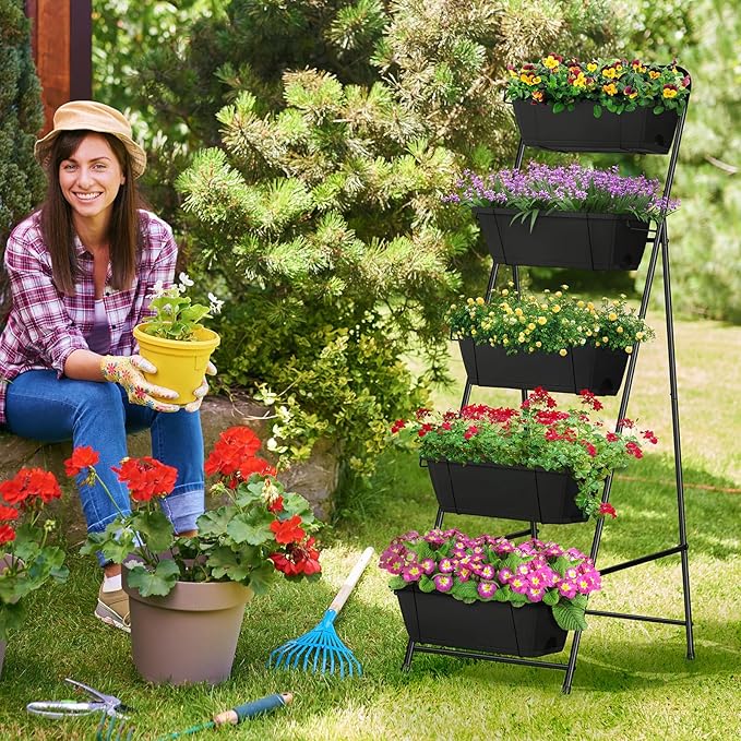 Vertical Garden Planter 5 Tiers Raised Garden Bed Outdoor Standing Herb Garden Planter with Drainage Holes and Removable Tray Planters for Outdoor Plants Vegetables Flowers Black
