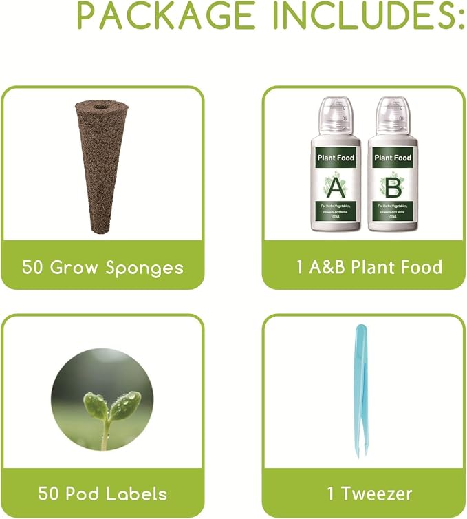 Hydroponic Grow Sponges Seed Starter Pod Kit Fit for AeroGarden and Others, Included 50 Grow Sponges, 50 Pod Labels, A & B Plant Food, 1 Tweezer