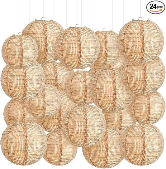 Hortsun 24 Pcs Print Burlap Paper Lanterns Round Chinese Paper Lanterns Farmhouse Boho Classroom Home Decor Classroom Sweet Birthday Party Ceremonial Event (8/10/12 Inch)
