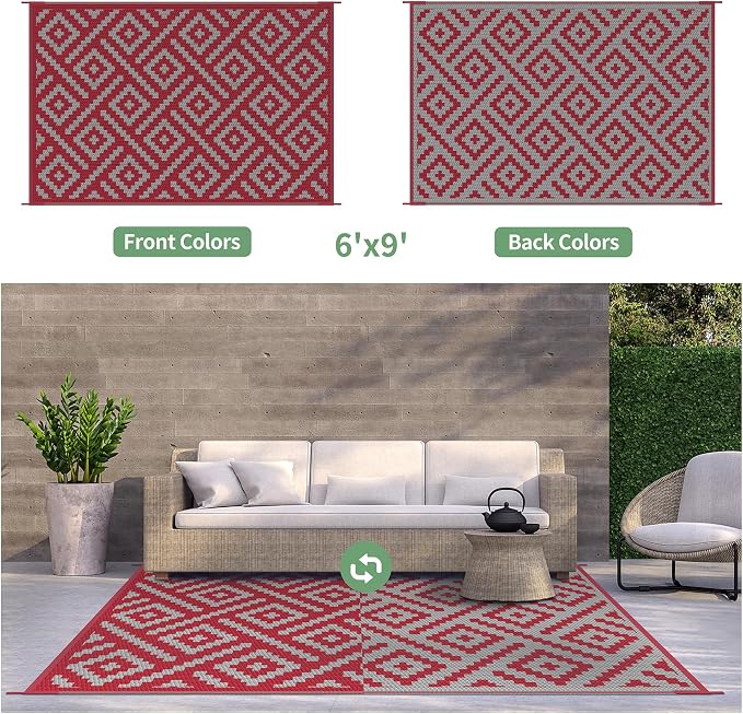 GENIMO Christmas Outdoor Rug for Patio Clearance, 6'x9' Reversible Plastic Straw Rugs, Lightweight Waterproof RV Camping Mat for Camper, Balcony, Deck, Backyard, Picnic, Red Grey