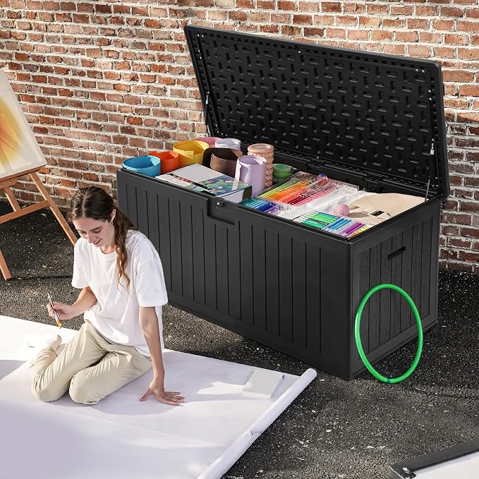 DWVO 180 Gallon Resin Outdoor Storage Box, XXL Double-Wall Waterproof Deck Box, Doubles as Table or Seating with 1000 lbs Capacity, Lockable (Black)