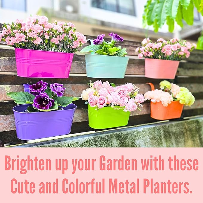 LaLaGreen Rail Planter (11.8 Inch, 6 Pack) Colorful Metal Hanging Flower Pots Railing Fence Balcony Gardening for Apartment Patio Planters Modern Garden Style Iron Outdoor Decoration Porch Decor