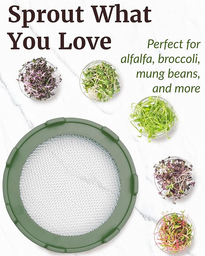Elementi Sprouting Lids for Wide Mouth Mason Jars (Set of 4), Sprouting Jar Kit for Organic Alfalfa & Mung Bean Sprouts Growing Kit, 316 Stainless Steel Mesh Screen Strainer Lid (Sage Green)