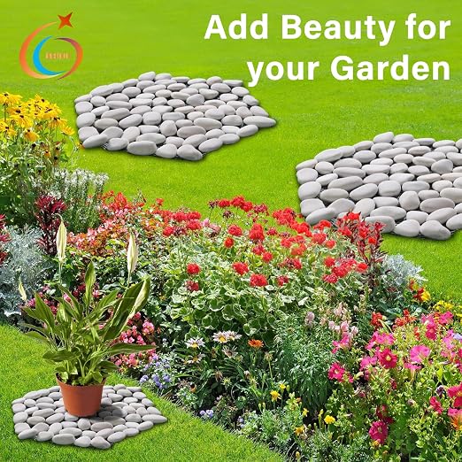 10in River Rock Stepping Stones Set - 6 Pack | Polished Pebble | Long-Lasting PVC Mesh Backing | Perfect for Garden Paths and Lawns Outdoor Landscaping Decoration | White Rhombus