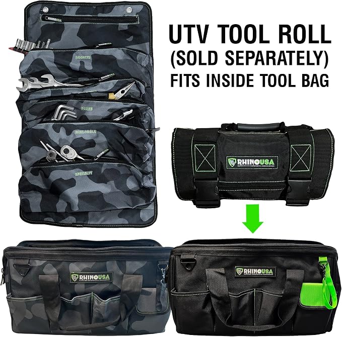 Rhino USA Tool Bag Roll - Heavy Duty Canvas Organizer Pouch for Tools - Ultimate Travel Tool Storage Kit for UTV, Car, Truck, 4x4 Offroad - Upgraded with Labeled & Removable Pouches - Secured for Life