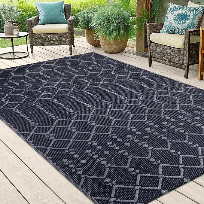 Smiry Outdoor Rug 5x8 ft, Waterproof Reversible Plastic Straw Rugs, Boho Outdoor Area Rug, Outside Floor Mat for Patio, Backyard, Deck, Picnic, Beach, Camping, Dark Grey
