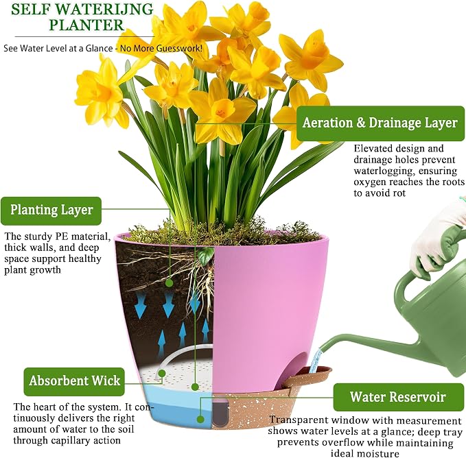 Self Watering Pots for Inoor Ourdoor Plants 8/7/6.5/6/5 Inch Plastic Planters with Drainage Holes & Water Level Indicator, Decorative House Flower Nursery Planting Pots with Saucers (Dusty Rose/Pink)