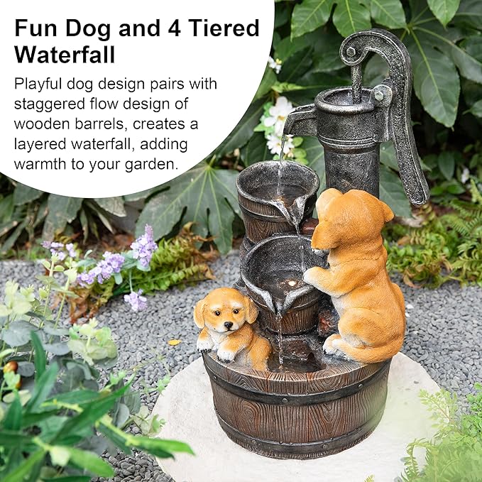 Glitzhome Water Fountain Outdoor, Outdoor Fountain with Lights & Pump, 23.75" H Cute Dog Playing Around The Water Polyresin Cascading Waterfall Floor Standing Water Feature for Garden, Patio