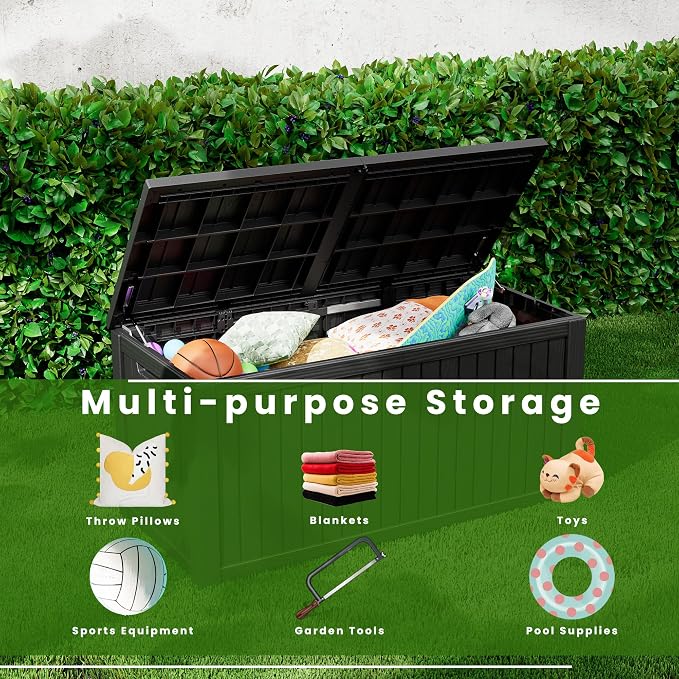 200 Gallon Outdoor Storage Box Waterproof, Lockable Resin Deck Box Large Storage Bin for Patio Furniture Cushion, Garden Tools, Pool Accessories, UV-Resistant Outside Delivery, Black