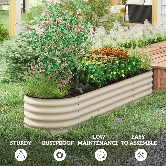 Outsunny 8' x 2' x 1.4' Galvanized Raised Garden Bed Kit, Outdoor Metal Elevated Planter Box with Safety Edging, Easy DIY Stock Tank for Growing Flowers, Herbs & Vegetables, Cream