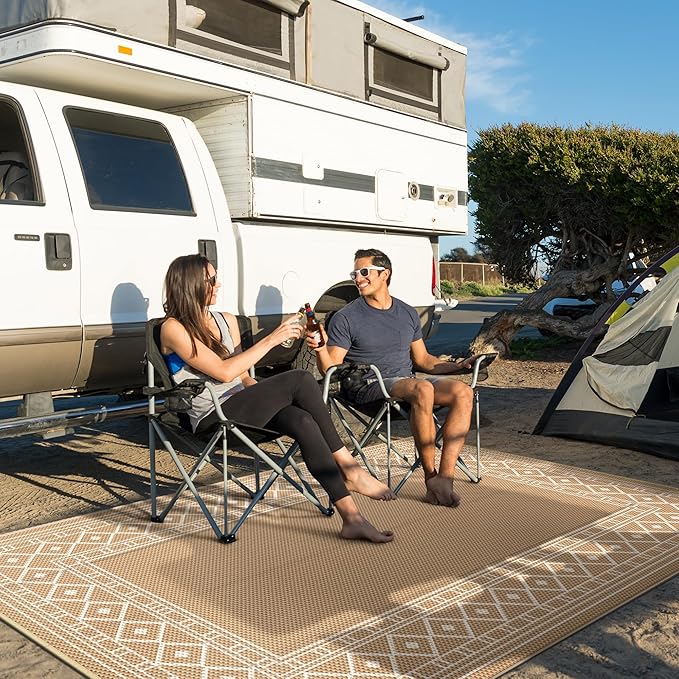 GENIMO Outdoor Rug 5'x8' Waterproof for Patio Decor, Reversible Outdoor Plastic Straw Rug Carpet, Camping Mats for Outdoor, RV, Backyard, Deck, Balcony, Picnic, Brown & Beige