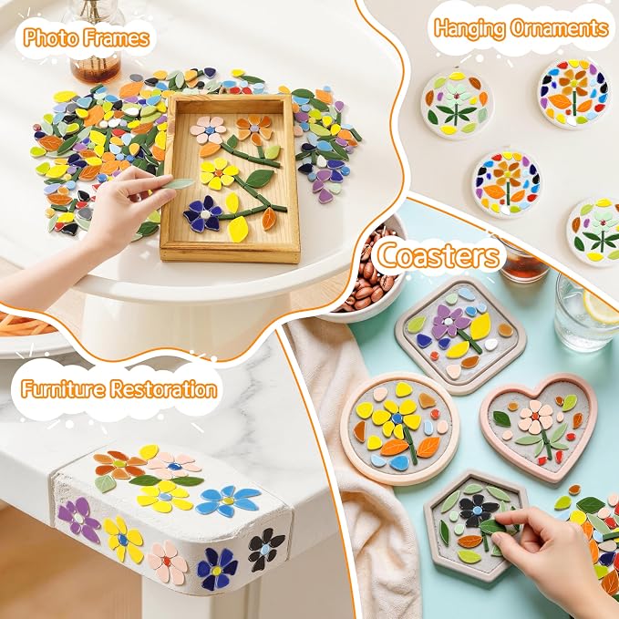 LOTOFUN Mosaic Tiles for Stepping Stones: 610g Vibrant Mosaic Tiles for Crafts Bulk with Petals Centers Leaves Stem Decorative Ceramic Flowers Mosaic Supplies for DIY Garden Decor- Crafts for Adults