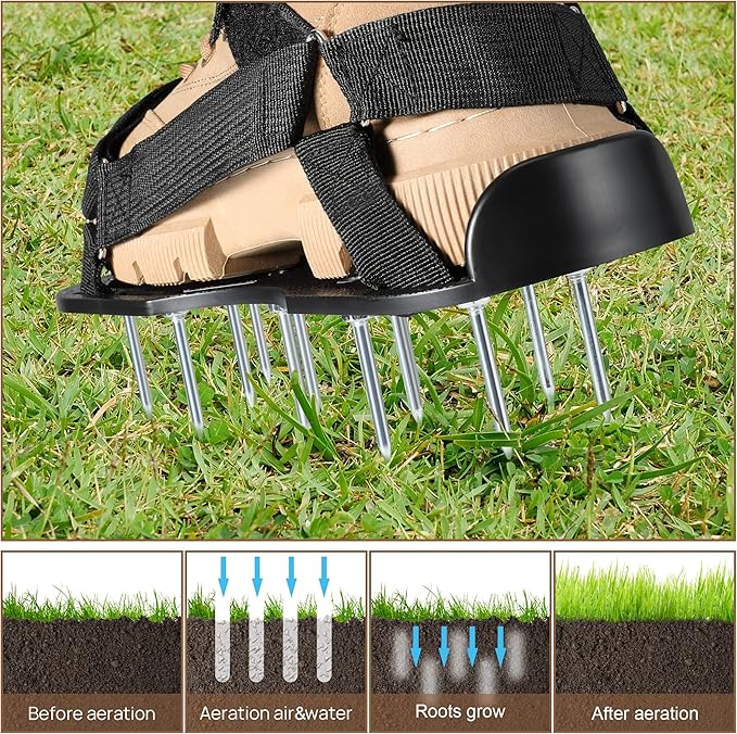 Lawn Aerator Shoes Pre-Assembled - 26 Heavy Duty Steel Spikes (2.4"), Stainless Steel Base Plate, Adjustable Metal Buckle Straps - Walk Behind Grass Aerator Sandals for Yard Lawn Care