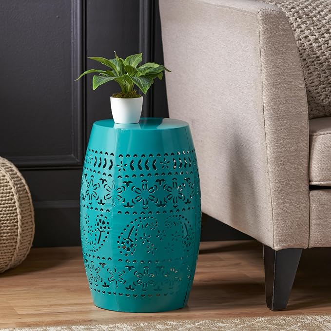 Outdoor 12" Iron Side Table, Outdoor Side Tables End Tables, Anti-Rust Metal Round Hollow Drum Garden Stool Plant Stand Indoor Iron Accent Table for Patio Deck Porch Living Room Bedroom