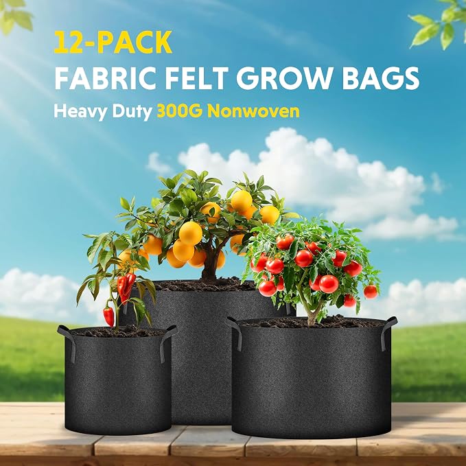 iPower 12-Pack 7 Gallon Grow Bags Heavy Duty Thickened Aeration Nonwoven Fabric Pots with Nylon Handles and 12 Labels for Planting Vegetables, Fruits, Flowers, Black