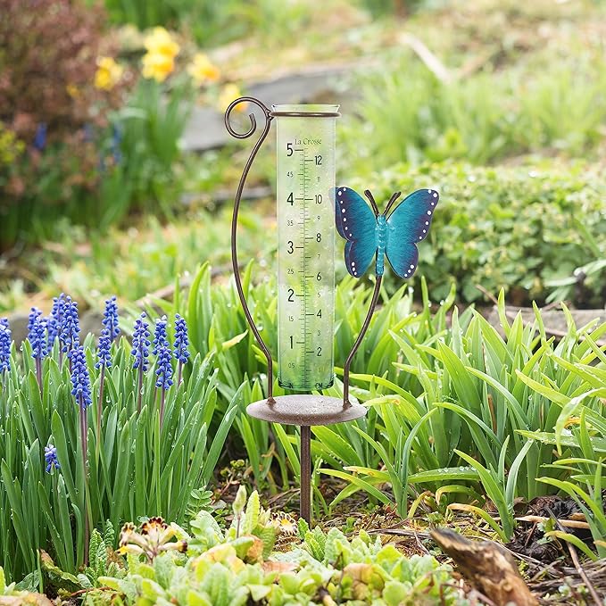 La Crosse 704-4645B 5 inch Capacity Glass Blue Butterfly Rain Gauge with Ground Rod