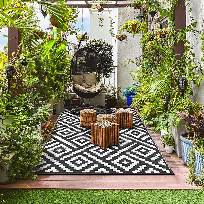 GENIMO 5'x8' Outdoor Rug Waterproof, Reversible Mats, Outdoor Area Rug, Plastic Outside Carpet, Geometric Rv Mat for Patio Camping Rv Picnic Backyard Deck Balcony Porch Beach Trailer (Black & White)