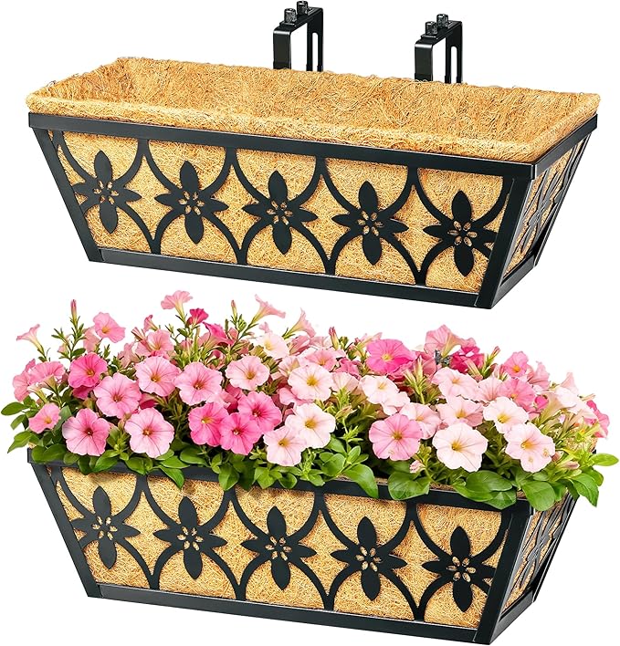 16 Inch Window Boxes Planters Railing Planter Box - 4 Pack Deck Railing Planter Boxes with Adjustable Brackets Coco Liners Balcony Planters Railing Hanging for Window Flower Boxes Outdoor Garden Decor